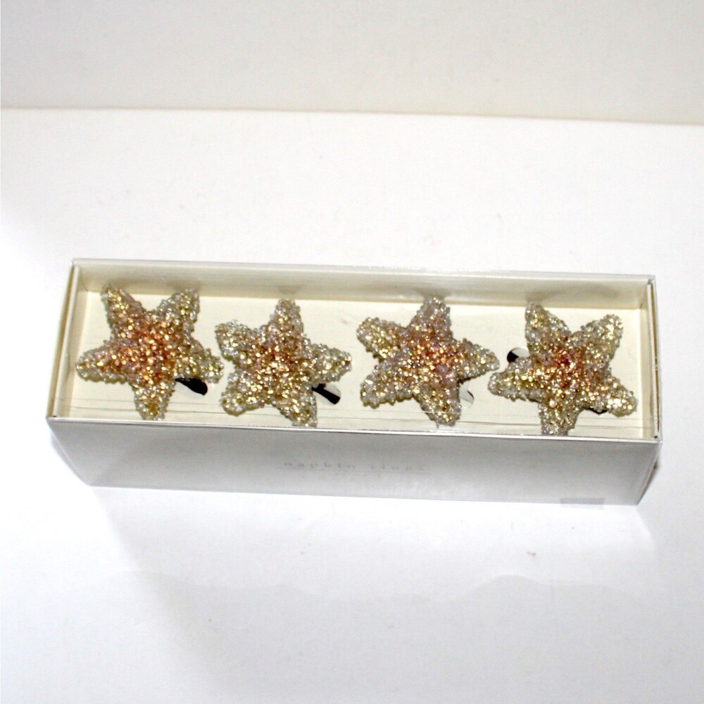 Pier1 4 Napkin Ring Set Gold Stars beaded NEW coastal table decor boho